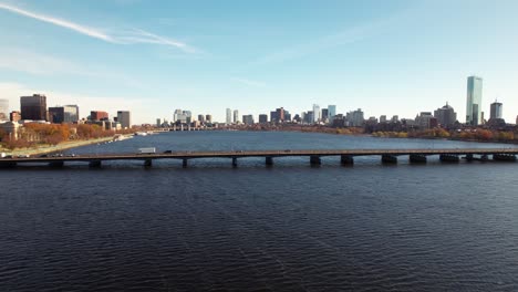 Harvard-Bridge-over-Charles-River,-aerial-during-day-of-Boston-landscape-to-Cambridge