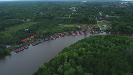 Aerial-shot-of-floating-houses-or-villa-in-Rompin-Pahang,-Malaysia
