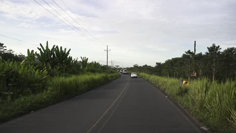 Driving-along-single-lane-road-with-traffic-and-banana-fields-left,-Windshield-front-view-shot