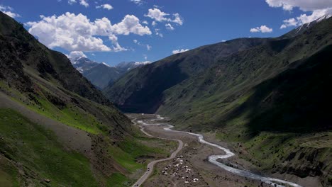 Aerial-shots-of-clouds-passing-over-the-mountains-of-KPK,-Kunhar-river-and-the-Naran-Kaghan-road-to-babusar-pass