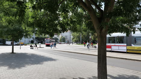 CKD-T3RF-tram-of-DPMB-transportation-company-arriving-at-Moravske-namesti-town-square-in-Brno,-Czech-Republic