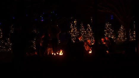 Families-gather-around-a-firepit-at-a-park-at-Christmas-season-at-night