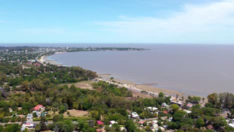 Aerial-establishing-shot-of-Rambla-de-Colonia,-coastal-avenue,-Along-beachfront,-Uruguay