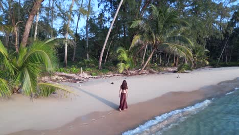 Woman-from-behind-walking-alone-with-long-skirt-through-waves-on-paradise-beach