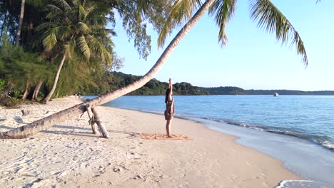 Stunning-aerial-view-flight-static-tripod-hovering-drone-of-a-yoga-girl-standing-up-on-seacret-beach-under-palmtree