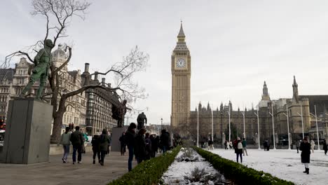 People-Walking-Past-Jan-Christian-Smuts-Statue-With-Pigeons-Flying-Past-On-Snow-Covered-Parliament-Square-Gardens-And-With-Big-Ben-In-View-In-Background