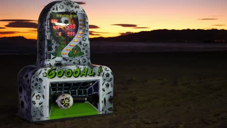 Soccer-kick-arcade-machine-on-the-beach-at-sunset