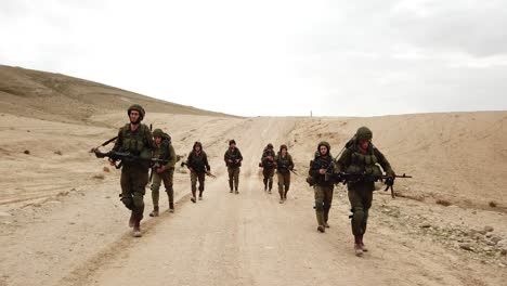 Aufnahme-Von-Israelischen-Soldatentruppen,-Die-Während-Einer-Militäroperation-In-Der-Wüste-Spazieren