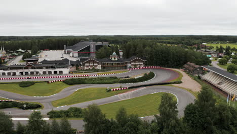 Drone-Footage-Aerial-Shot-of-Powerpark-Amusement-Park,-Finland-Steel-Roller-Coaster-4k