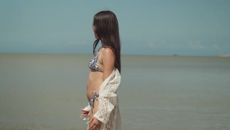 Sexy-Latina-Zu-Fuß-An-Einem-Karibischen-Strand-In-Einer-Bikini-Seitenansicht