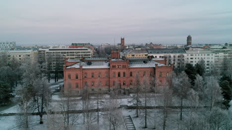 Aerial-Tracking-shot,-Nordic-courts-of-appeal-building-in-Vaasa,-Finland