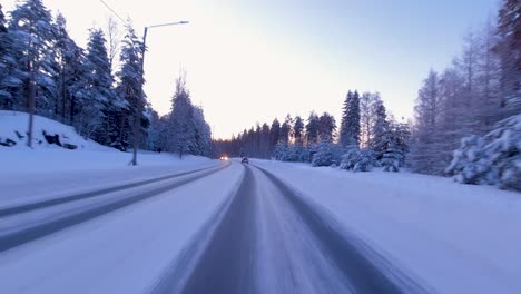 POV-shot-driving-through-a-rural-road-surrounded-by-snowy-trees
