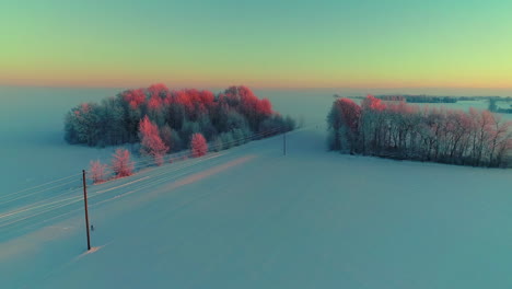 Glowing-winter-morning-in-agriculture-fields,-aerial-drone-view