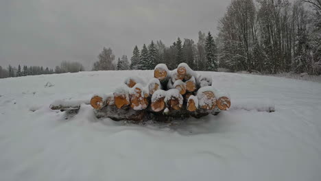 Dolly-Push-Towards-Cut-Timber-Log-Wood-Pile-Covered-In-Snow-Outside-In-Winter-Landscape