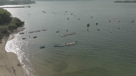 Drone-shot-of-traditional-boats-in-Hong-Kong-waters,-China
