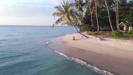 Woman-lies-down-under-palm-tree-on-paradise-beach