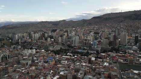 Skyscraper-Slum,-La-Paz-Bolivia-Sopocachi-Neighborhood-Aerial-Drone-Above-Latin-City,-Altitude,-Andean-Cordillera-Mountain-Range-Background