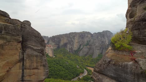 Panoramic-View-of-Meteora-rock-formation-in-Greece-on-a-Moody-Day