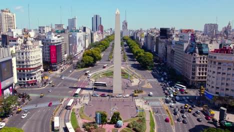 Aerial-view-dolly-in-of-the-Obelisk-and-9-de-Julio-Buenos-Aires,-Argentina