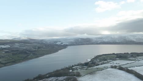 Panoramic-View-Of-Blessington-Lake-And-Wicklow-Mountains-Covered-With-Snow-During-Winter-In-Ireland,---aerial