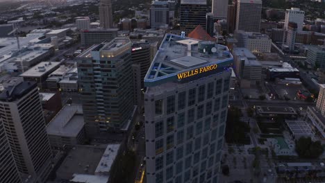 Aerial-view-of-a-Wells-Fargo-skyscraper-during-sunset-in-Salt-Lake-City