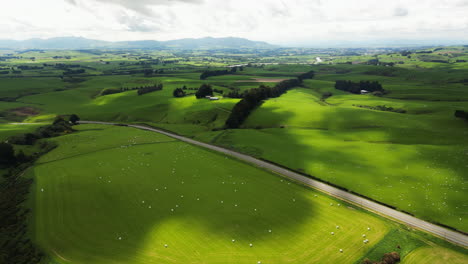 área-Gore,-Campos-Agrícolas-De-Nueva-Zelanda-Con-Rollos-De-Forraje,-Vista-Aérea