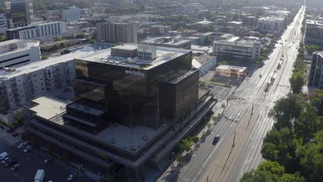 Wide-aerial-view-of-the-Workday-headquarters-building-in-Salt-Lake-City,-Utah