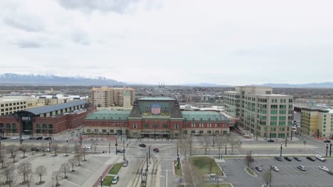 Aerial-view-pushing-towards-the-Union-Pacific-Depot-in-Salt-Lake-City