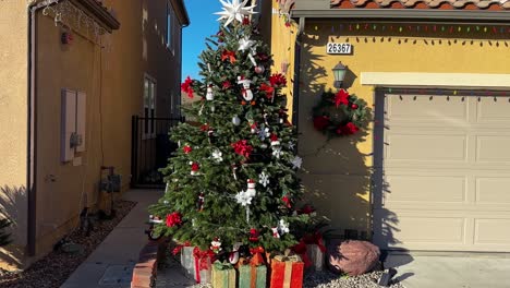 Christmas-Tree-With-Decoration-and-Boxes-With-Gifts-Outside-of-House-on-Sunny-Day