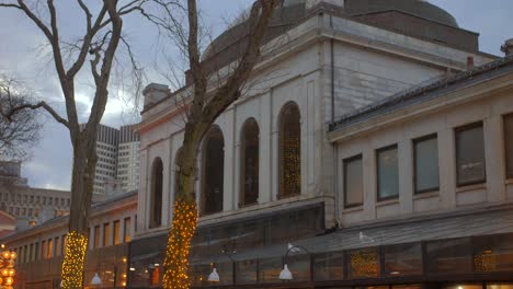 Exterior-View-Of-Famous-Quincy-Market-Building-At-Night-During-Christmas-Season-In-Boston,-USA