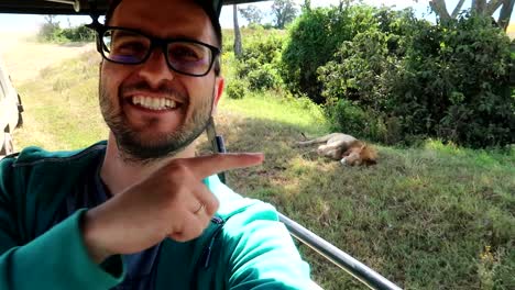 Happy-smiling-man-pointing-to-a-sleeping-lion-from-a-car-on-the-road,-African-safari
