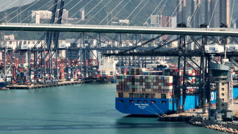 Giant-container-vessel-Cosco-Portugal-in-operations-at-ACT-Container-terminal-in-Hong-Kong-directly-after-the-Stonecutters-Bridge