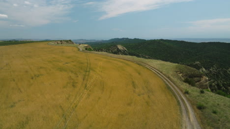 Idyllic-Cliffside-Road,-Crop-Field-at-Vashlovani-Nature-Reserve,-Republic-of-Georgia,-Aerial
