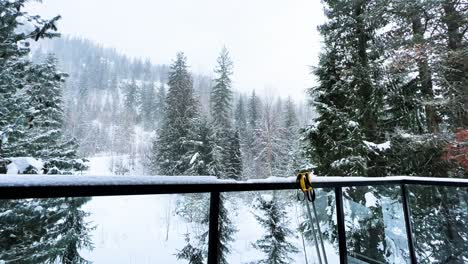Zeitraffer-Eines-Schneefalls-In-Einem-Pinienwald-In-Revelstocke,-British-Columbia,-Kanada-Mit-Einem-Paar-Skistöcke,-Die-Auf-Einem-Glasgeländer-Liegen