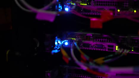 Server-connectors-with-fiber-optic-patch-cables-at-cloud-storage-server,-Close-up-shot