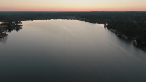 Aerial-views-of-a-lake-at-sunset-in-North-Carolina