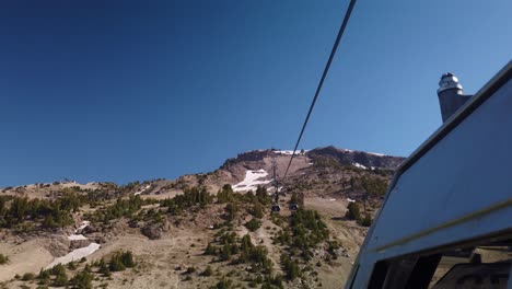 Gimbal-static-shot-from-gondola-looking-backward-as-it-descends-down-the-mountain-in-Mammoth,-California