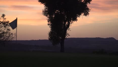 Silhouette-Eines-Baumes-Mitten-Auf-Dem-Golfplatz-Während-Der-Goldenen-Stunde