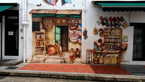 Street-Arts-Displaying-Traditional-Street-Shops,-Dolly-Along