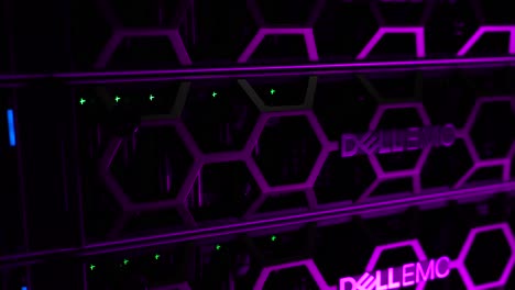 Purple-Dell-EMC-cloud-storage-server-supercomputer-cluster,-Locked-close-up-shot