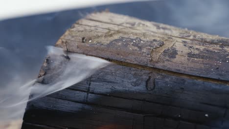Firewood-burning-with-flames-and-smokes-in-closeup
