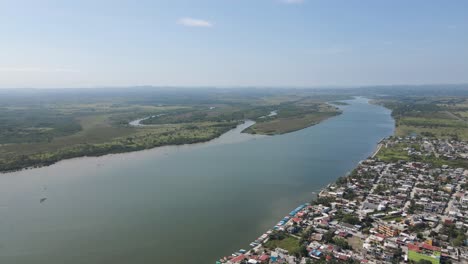 Aerial-view-of-the-Tecolutla-river-in-Veracruz-Mexico,-mexican-river-landscape-drone-shot