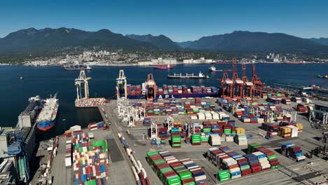 Cargo-Containers-And-Cranes-At-The-Logistics-Port-In-Vancouver,-British-Columbia,-Canada
