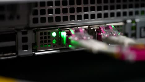 Fiber-optic-connectors-at-cloud-storage-server-network,-Close-up-shot