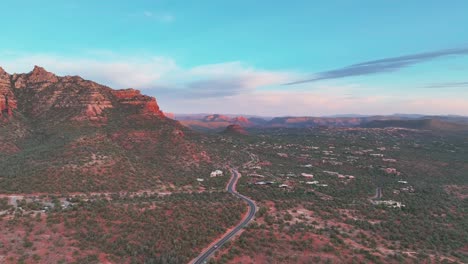 Highway-Towards-The-Rural-Town-In-Sedona-With-Red-Rocks-In-Arizona,-USA