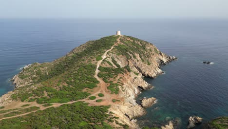 Capo-Malfatano-Tower-and-Cape-at-Teulada,-South-Coast-of-Sardinia,-Italy---4k-Aerial