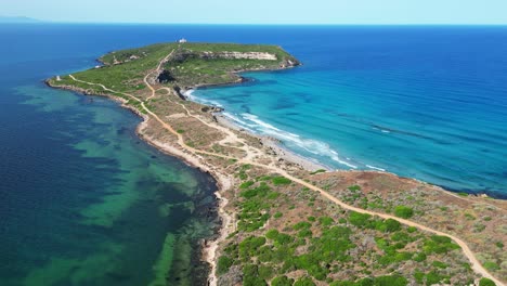 Capo-San-Marco-Beach-and-Peninsula-in-San-Giovanni-di-Sinis,-Sardinia---Aerial-4k-Circling