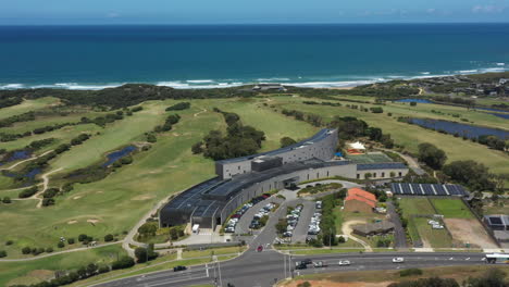 AERIAL-Over-Torquay's-Five-Star-Resort-Golf-Course,-Australia