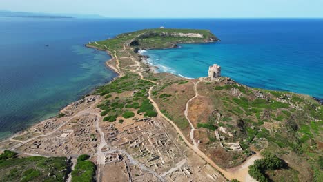 Archaeological-Site-Tharros-and-Capo-San-Marco-in-San-Giovanni-di-Sinis,-Sardinia---4k-Aerial