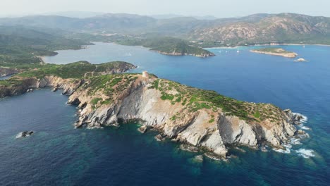 Capo-Malfatano-Rocky-Cliffs-at-South-Coast-of-Sardinia,-Italy---4k-Aerial-Circling